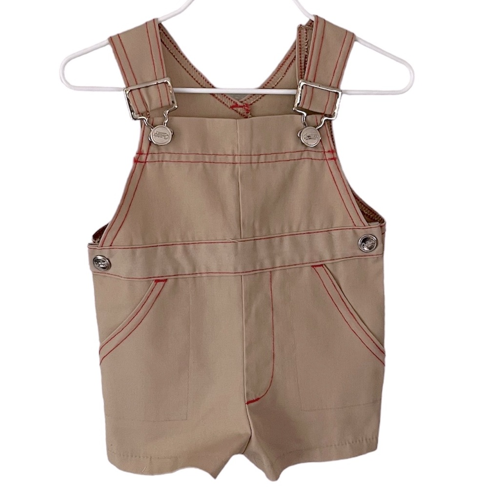 Carter’s Vintage Khaki Short Overalls With Red Stitching Size 12 Months